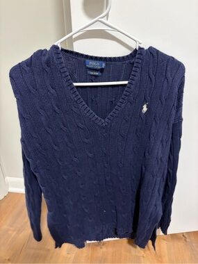 Ralph Lauren Navy Cable-Knit V-Neck Sweater with Polo Pony